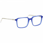 Unisexbrille Johann von Goisern JC204 mit rechteckigem, blau-transparentem Rahmen und filigranen, silbernen Bügeln.