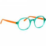 Unisexbrille Johann von Goisern JC206 mit rundem Rahmen aus grünem Acetat und orangenen Bügeln, modernes Design.