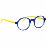 Unisexbrille Johann von Goisern JC206 mit runden blauen Rahmen und gelben Bügeln, modernes und auffälliges Design.