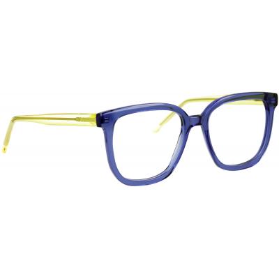 Unisexbrille Johann von Goisern JC207 mit quadratischem Rahmen in Blau und gelben Bügeln aus leichtem, hochwertigem Material.