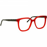 Rote Unisexbrille Johann von Goisern JC207 mit auffälligem Rahmen und gemusterten Bügeln, stilvoll und modern.