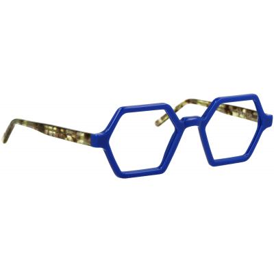 Unisexbrille Johann von Goisern JC208 mit blauem, sechseckigem Rahmen und gemusterten Bügeln.