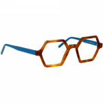 Unisexbrille Johann von Goisern JC208 mit hexagonalen Rahmen in Orangetönen und blauen Bügeln, modernes und einzigartiges Design.