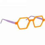 Unisexbrille Johann von Goisern JC208 mit orangefarbener, sechseckiger Front und lila Bügeln.