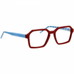Herrenbrille Johann von Goisern JC209 mit sechseckigen roten Rahmen und blauen, gemusterten Bügeln.