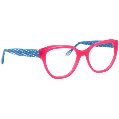 Damenbrille Johann von Goisern JC210 mit pinkem Rahmen und blauen Bügeln mit Muster, stilvoll und modern.