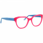 Damenbrille Johann von Goisern JC210 mit pinkem Rahmen und blauen Bügeln mit Muster, stilvoll und modern.