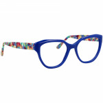 Damenbrille Johann von Goisern JC210 mit blauen Rahmen und bunten, gemusterten Bügeln.