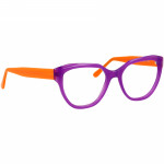 Lila-orange Damenbrille Johann von Goisern JC210 mit markantem Rahmen und modernen, zweifarbigen Bügeln.