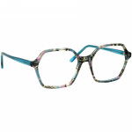 Damenbrille Johann von Goisern JC211 mit sechseckigem Rahmen in Blaugrün und bunten Musterdetails.