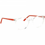 Unisexbrille Johann von Goisern JC213 mit transparentem Rahmen und roten Bügeln mit Muster, moderne Brillengestaltung.