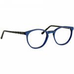 Unisexbrille Johann von Goisern JC213 mit blauem Rahmen und gemusterten Bügeln, geeignet für verschiedene Gesichtstypen.