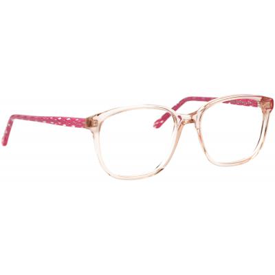 Unisexbrille Johann von Goisern JC214 mit transparentem Rahmen und rosa Bügeln, rechteckige Form.