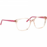 Unisexbrille Johann von Goisern JC214 mit transparentem Rahmen und rosa Bügeln, rechteckige Form.