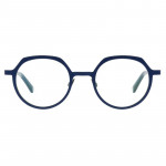 Damenbrille Colibris Lara mit rundem, blauem Gestell und hellen Bügelenden, vorne abgebildet.