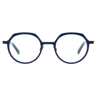 Damenbrille Colibris Lara mit rundem, blauem Gestell und hellen Bügelenden, vorne abgebildet.