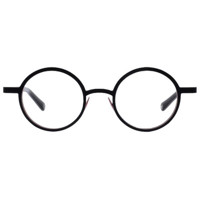Runde Unisexbrille Colibris Lola mit schwarzem Rahmen, frontale Ansicht auf weißem Hintergrund.