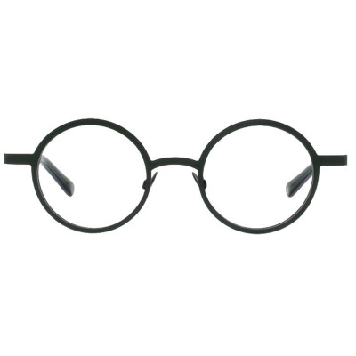 Runde Unisexbrille Colibris Lola in Schwarz, frontale Ansicht auf transparenten Gläsern.