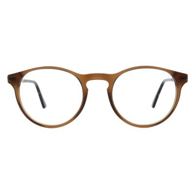 Damenbrille Colibris Milo mit rundem, braunem Rahmen und klaren Gläsern, frontal abgebildet.